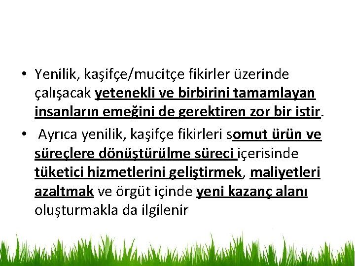  • Yenilik, kaşifçe/mucitçe fikirler üzerinde çalışacak yetenekli ve birbirini tamamlayan insanların emeğini de