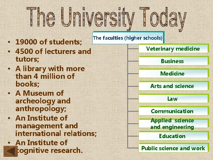 The faculties (higher schools) • 19000 of students; • 4500 of lecturers and tutors;