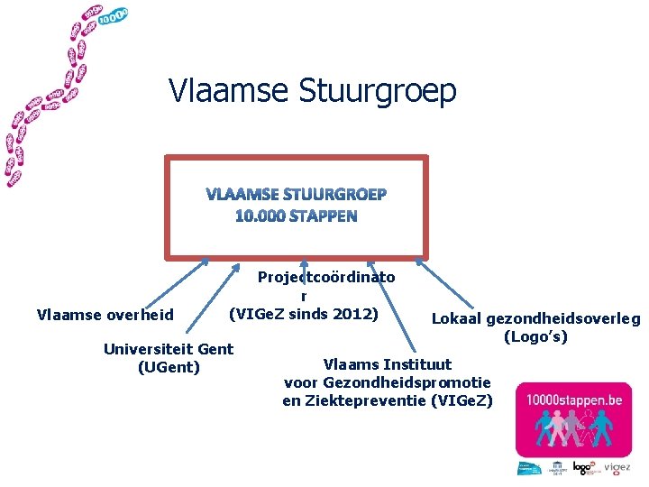 Vlaamse Stuurgroep Vlaamse overheid Projectcoördinato r (VIGe. Z sinds 2012) Universiteit Gent (UGent) Lokaal