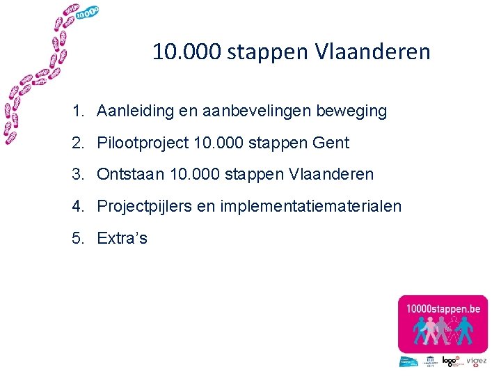 10. 000 stappen Vlaanderen 1. Aanleiding en aanbevelingen beweging 2. Pilootproject 10. 000 stappen