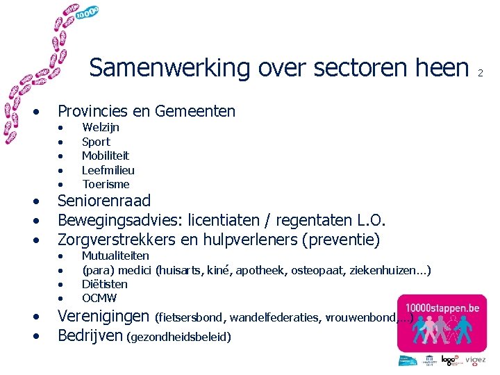 Samenwerking over sectoren heen • Provincies en Gemeenten • • • Seniorenraad Bewegingsadvies: licentiaten