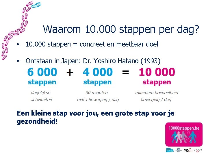 Waarom 10. 000 stappen per dag? • 10. 000 stappen = concreet en meetbaar