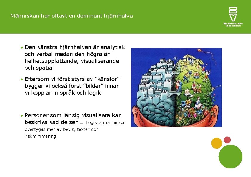 Människan har oftast en dominant hjärnhalva Den vänstra hjärnhalvan är analytisk och verbal medan