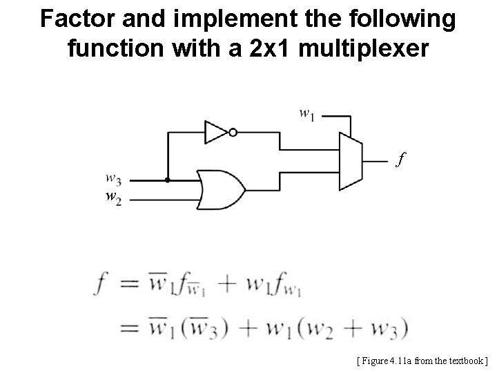 Factor and implement the following function with a 2 x 1 multiplexer f w