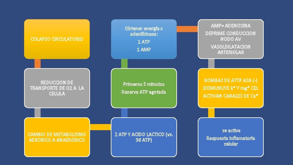 COLAPSO CIRCULATORIO Obtenergía x adenilkinasa: 1 ATP 1 AMP= ADENOSINA DEPRIME CONDUCCION NODO AV