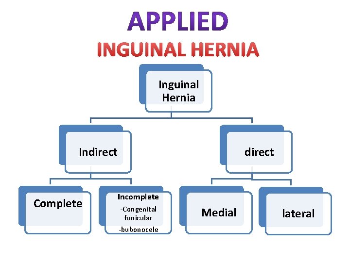 INGUINAL HERNIA Inguinal Hernia Indirect Complete direct Incomplete -Congenital funicular -bubonocele Medial lateral 