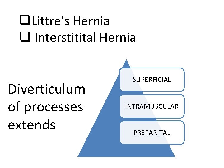 q. Littre’s Hernia q Interstitital Hernia Diverticulum of processes extends SUPERFICIAL INTRAMUSCULAR PREPARITAL 