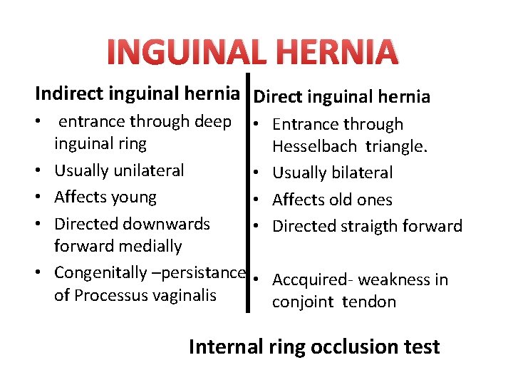 INGUINAL HERNIA Indirect inguinal hernia Direct inguinal hernia • entrance through deep inguinal ring