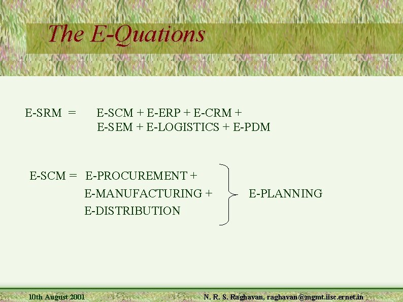 The E-Quations E-SRM = E-SCM + E-ERP + E-CRM + E-SEM + E-LOGISTICS +