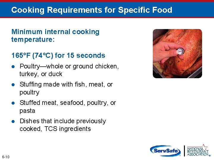 Cooking Requirements for Specific Food Minimum internal cooking temperature: 165°F (74°C) for 15 seconds