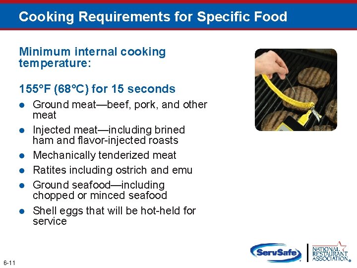 Cooking Requirements for Specific Food Minimum internal cooking temperature: 155°F (68°C) for 15 seconds
