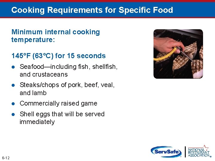 Cooking Requirements for Specific Food Minimum internal cooking temperature: 145°F (63°C) for 15 seconds