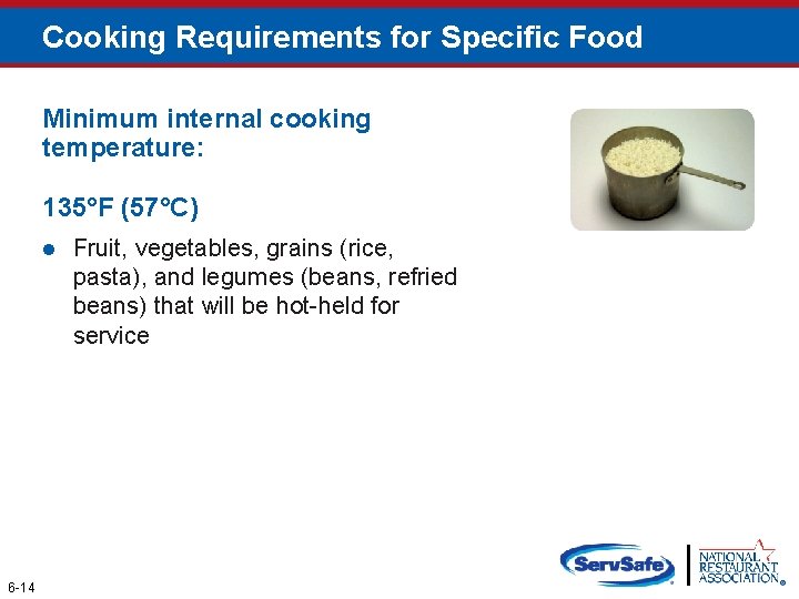 Cooking Requirements for Specific Food Minimum internal cooking temperature: 135°F (57°C) l 6 -14