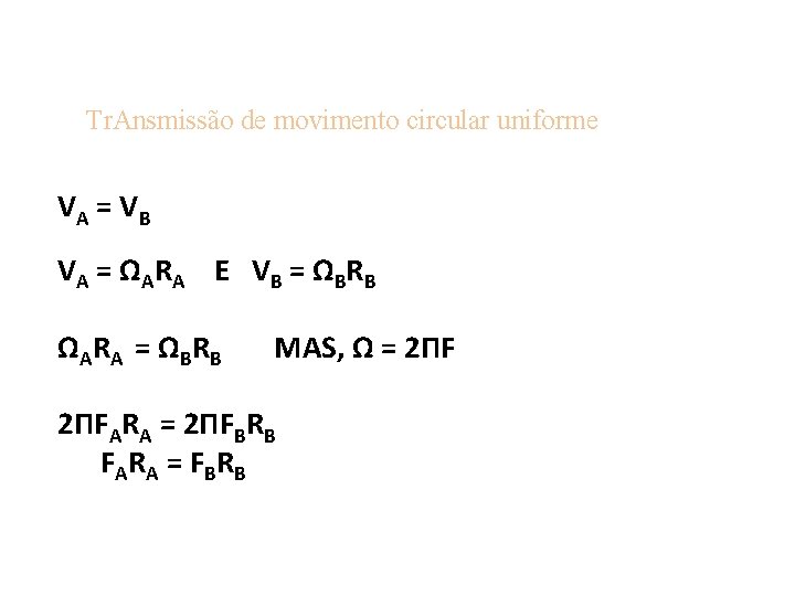 Tr. Ansmissão de movimento circular uniforme VA = V B VA = Ω A