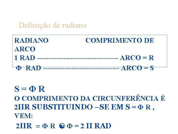 Definição de radiano RADIANO COMPRIMENTO DE ARCO 1 RAD ----------------- ARCO = R Φ