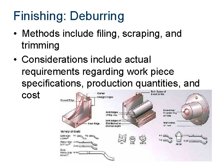 Finishing: Deburring • Methods include filing, scraping, and trimming • Considerations include actual requirements