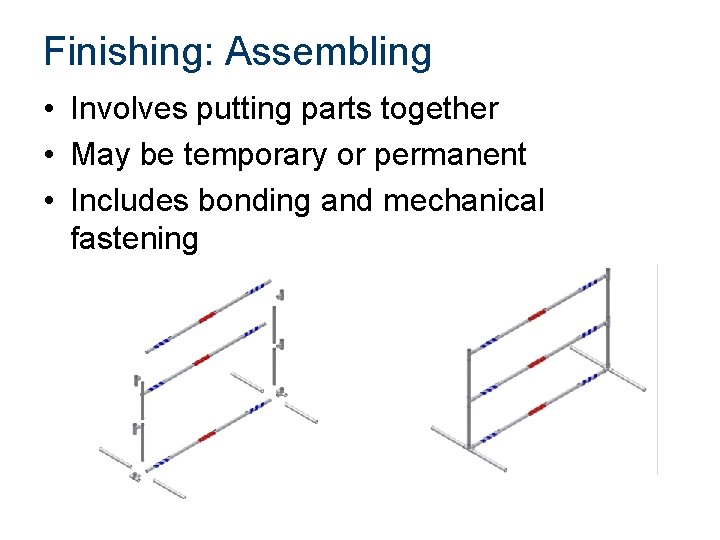 Finishing: Assembling • Involves putting parts together • May be temporary or permanent •