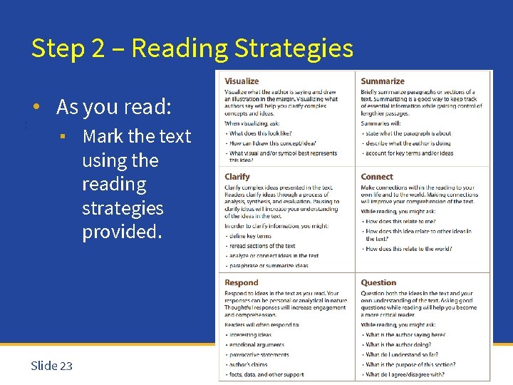 Step 2 – Reading Strategies : • As you read: ▪ Mark the text