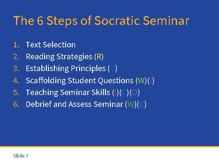 The 6 Steps of Socratic Seminar 1. 2. 3. 4. 5. 6. Text Selection