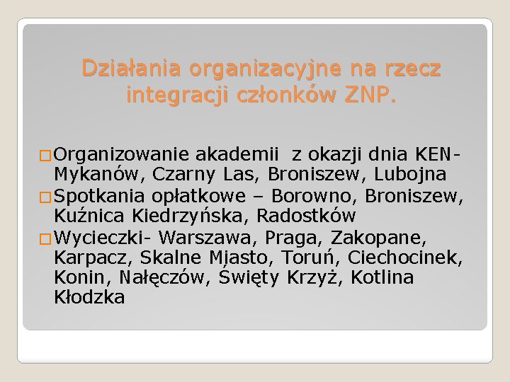 Działania organizacyjne na rzecz integracji członków ZNP. �Organizowanie akademii z okazji dnia KENMykanów, Czarny