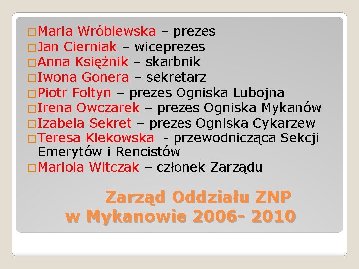 �Maria Wróblewska – prezes �Jan Cierniak – wiceprezes �Anna Księżnik – skarbnik �Iwona Gonera