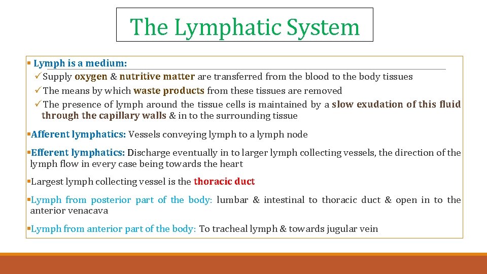 The Lymphatic System § Lymph is a medium: üSupply oxygen & nutritive matter are