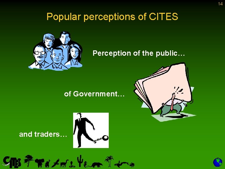 14 Popular perceptions of CITES Perception of the public… of Government… and traders… 