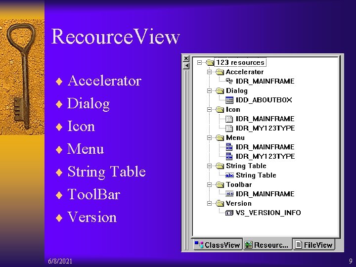 Recource. View ¨ Accelerator ¨ Dialog ¨ Icon ¨ Menu ¨ String Table ¨