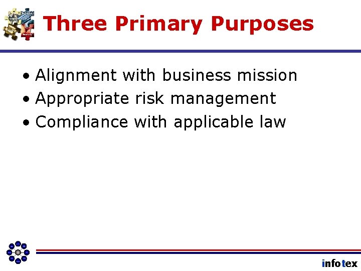 Three Primary Purposes • Alignment with business mission • Appropriate risk management • Compliance