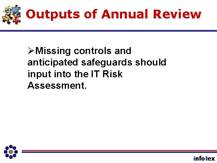 Outputs of Annual Review ØMissing controls and anticipated safeguards should input into the IT