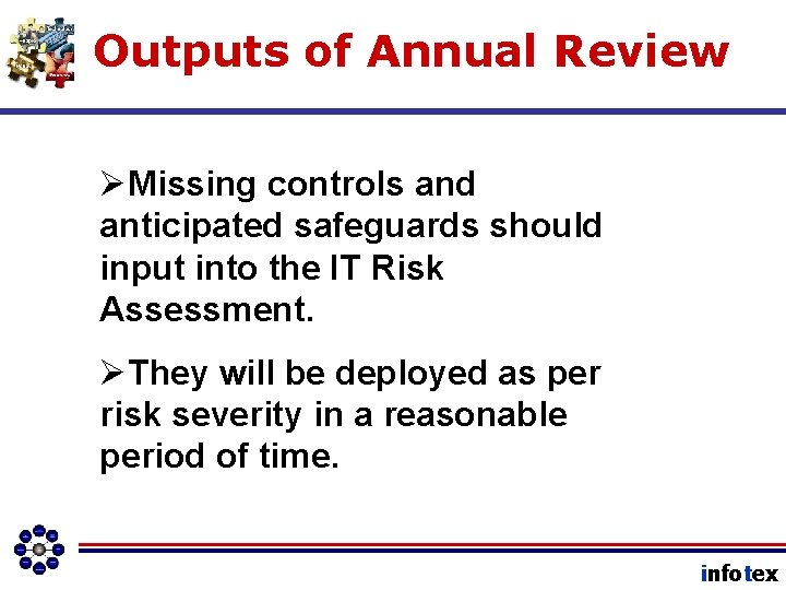 Outputs of Annual Review ØMissing controls and anticipated safeguards should input into the IT