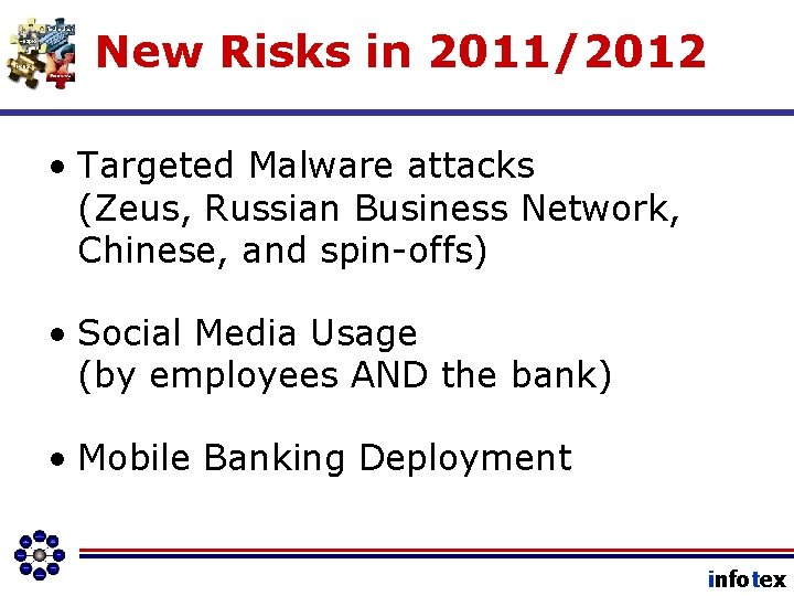New Risks in 2011/2012 • Targeted Malware attacks (Zeus, Russian Business Network, Chinese, and