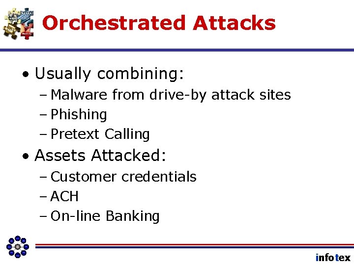 Orchestrated Attacks • Usually combining: – Malware from drive-by attack sites – Phishing –