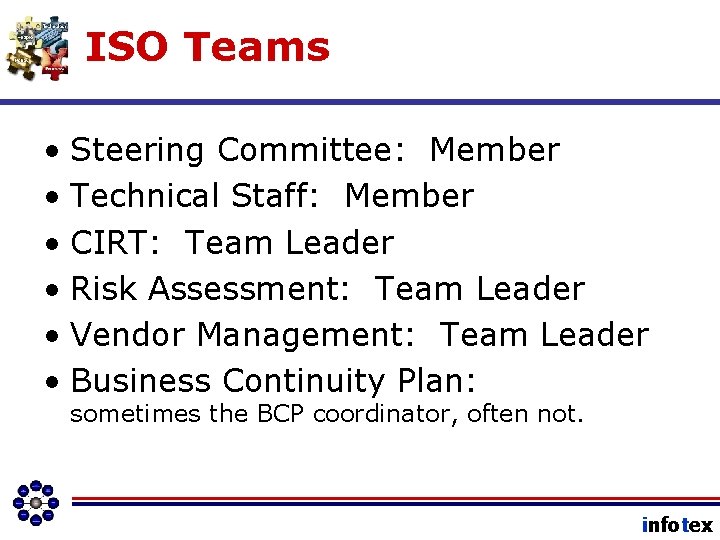 ISO Teams • Steering Committee: Member • Technical Staff: Member • CIRT: Team Leader