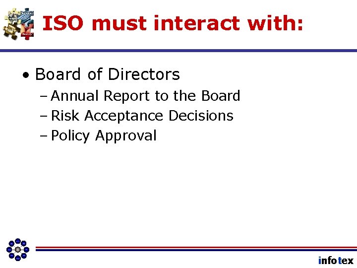 ISO must interact with: • Board of Directors – Annual Report to the Board