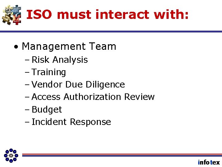 ISO must interact with: • Management Team – Risk Analysis – Training – Vendor