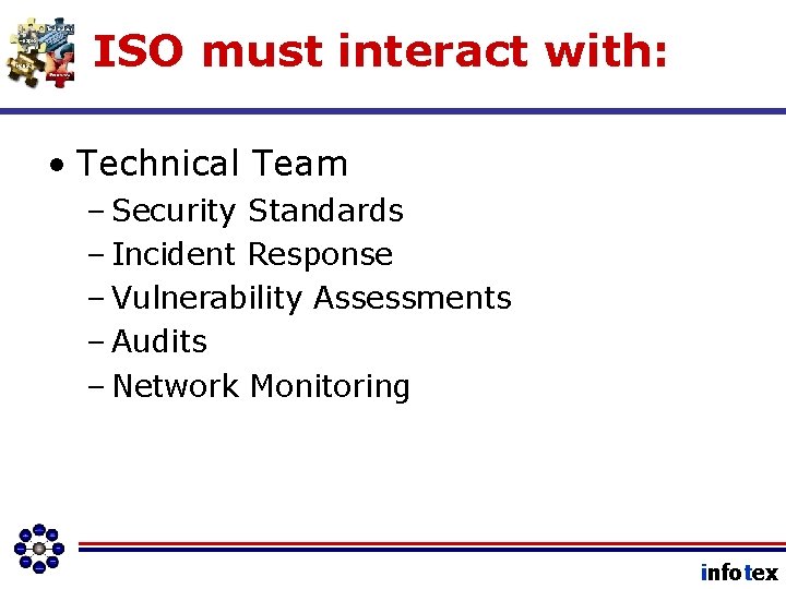 ISO must interact with: • Technical Team – Security Standards – Incident Response –