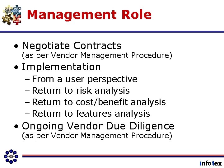 Management Role • Negotiate Contracts (as per Vendor Management Procedure) • Implementation – From