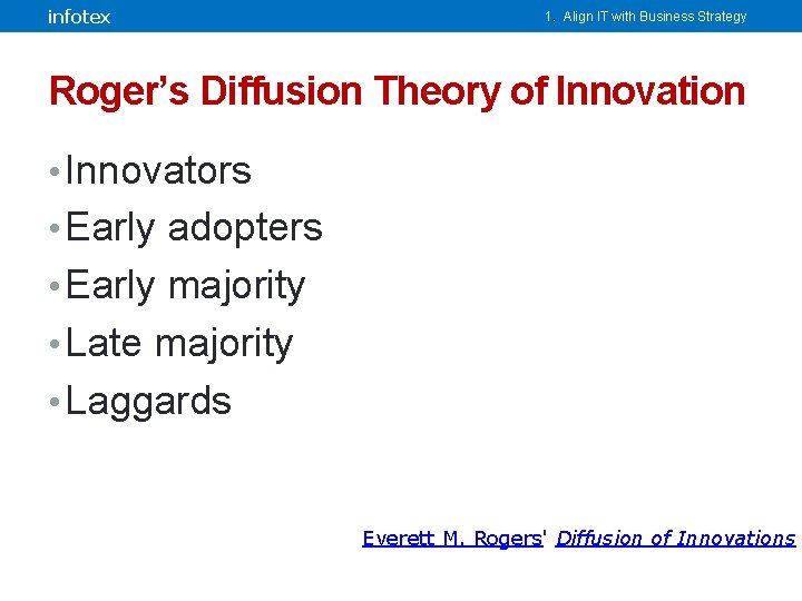 infotex 1. Align IT with Business Strategy Roger’s Diffusion Theory of Innovation • Innovators