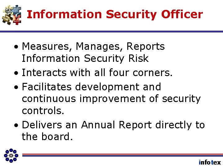 Information Security Officer • Measures, Manages, Reports Information Security Risk • Interacts with all