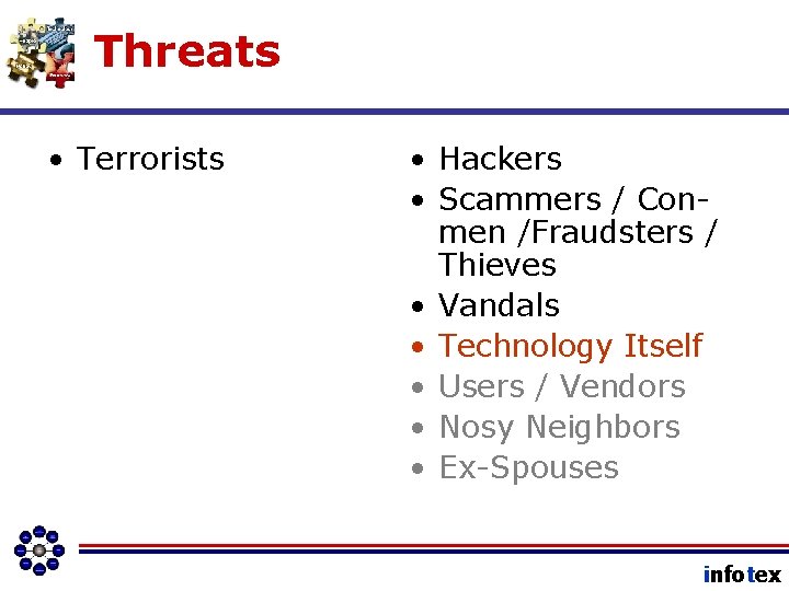 Threats • Terrorists • Hackers • Scammers / Conmen /Fraudsters / Thieves • Vandals