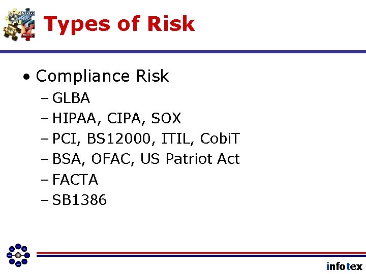 Types of Risk • Compliance Risk – GLBA – HIPAA, CIPA, SOX – PCI,