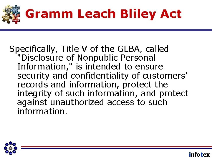 Gramm Leach Bliley Act Specifically, Title V of the GLBA, called "Disclosure of Nonpublic
