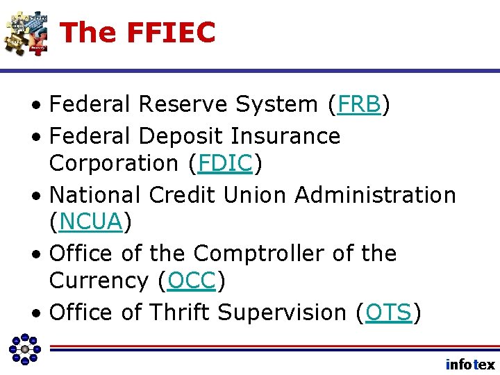 The FFIEC • Federal Reserve System (FRB) • Federal Deposit Insurance Corporation (FDIC) •