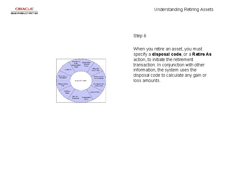 Understanding Retiring Assets Step 6 When you retire an asset, you must specify a