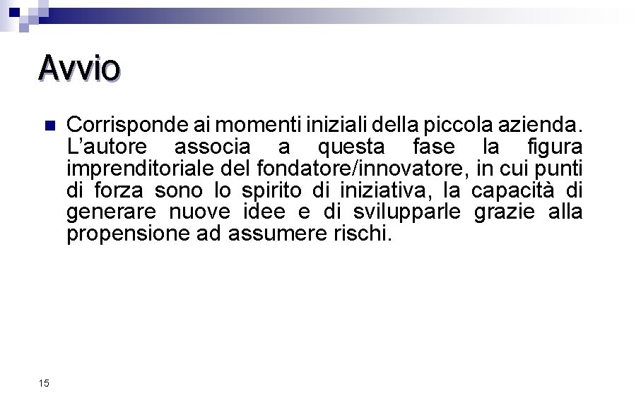 Avvio n 15 Corrisponde ai momenti iniziali della piccola azienda. L’autore associa a questa