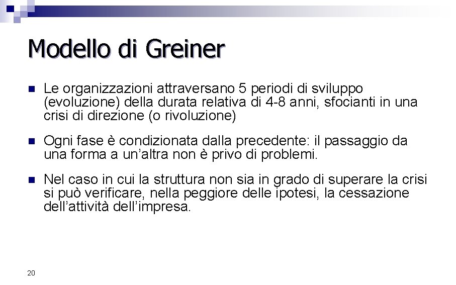 Modello di Greiner n Le organizzazioni attraversano 5 periodi di sviluppo (evoluzione) della durata