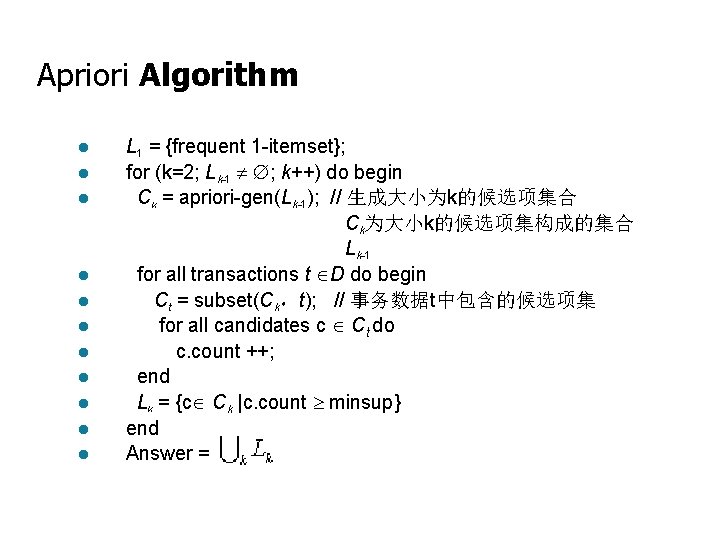 Apriori Algorithm l l l L 1 = {frequent 1 -itemset}; for (k=2; Lk-1