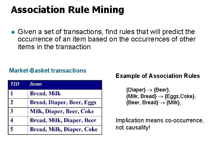 Association Rule Mining l Given a set of transactions, find rules that will predict
