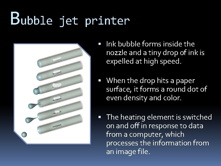 Bubble jet printer Ink bubble forms inside the nozzle and a tiny drop of